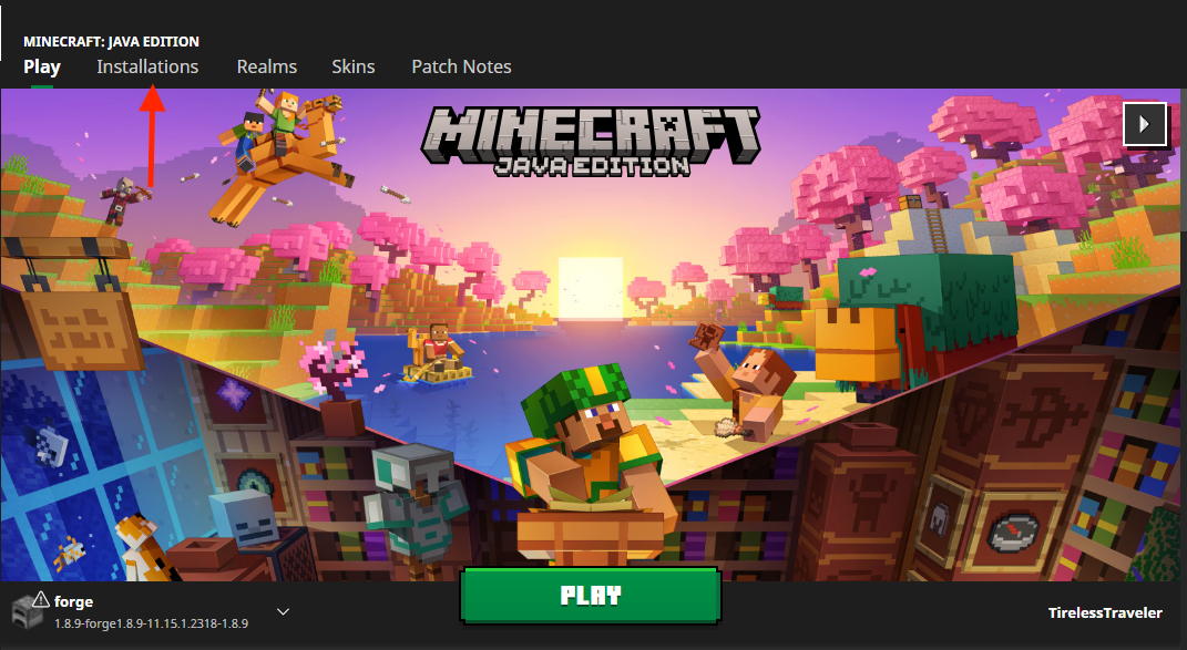 A screenshot of the Minecraft Launcher Java Edition home page with a red arrow pointing towards the "Installations" tab on the top|thumb|Minecraft Java Edition home page with an arrow pointing at the "Installations" tab